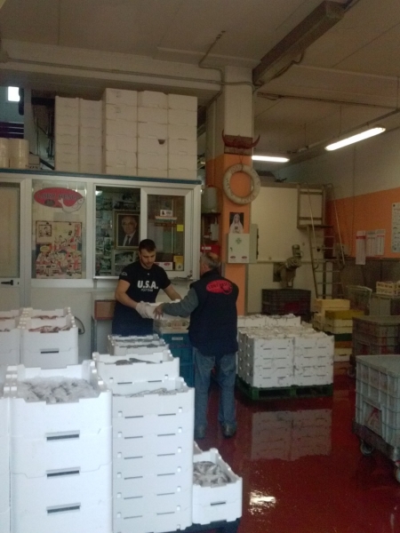 Lo staff immortalato mentre sistema il pesce appena pescato pronto per la lavorazione e distribuzione.